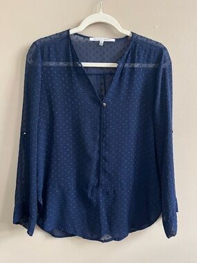 Collective Concepts navy sheer Swiss dot vneck blouse size small